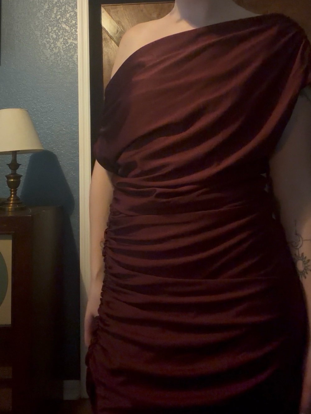 Asymmetrical One-Shoulder Ruched Burgundy Dress